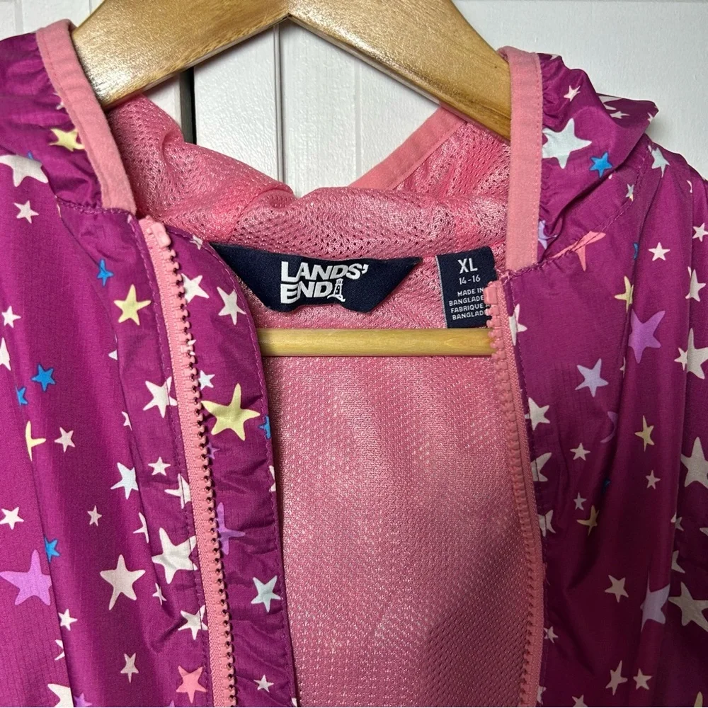 Lands' End Girls Waterproof Hooded Packable Rain Jacket XL 14/16